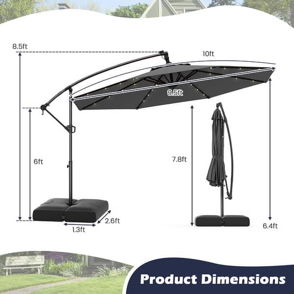 dimension image slide 4 of 5, Gymax 10 FT Solar Offset Hanging Umbrella Patio Cantilever Umbrella w/