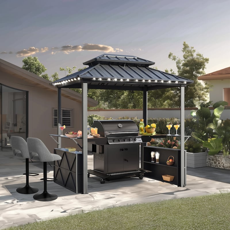 Grill Gazebo with Bar & Shelves, Double Roof BBQ Canopy for Patio, Wind & Weather-Resistant Outdoor Grill Shelter Tent