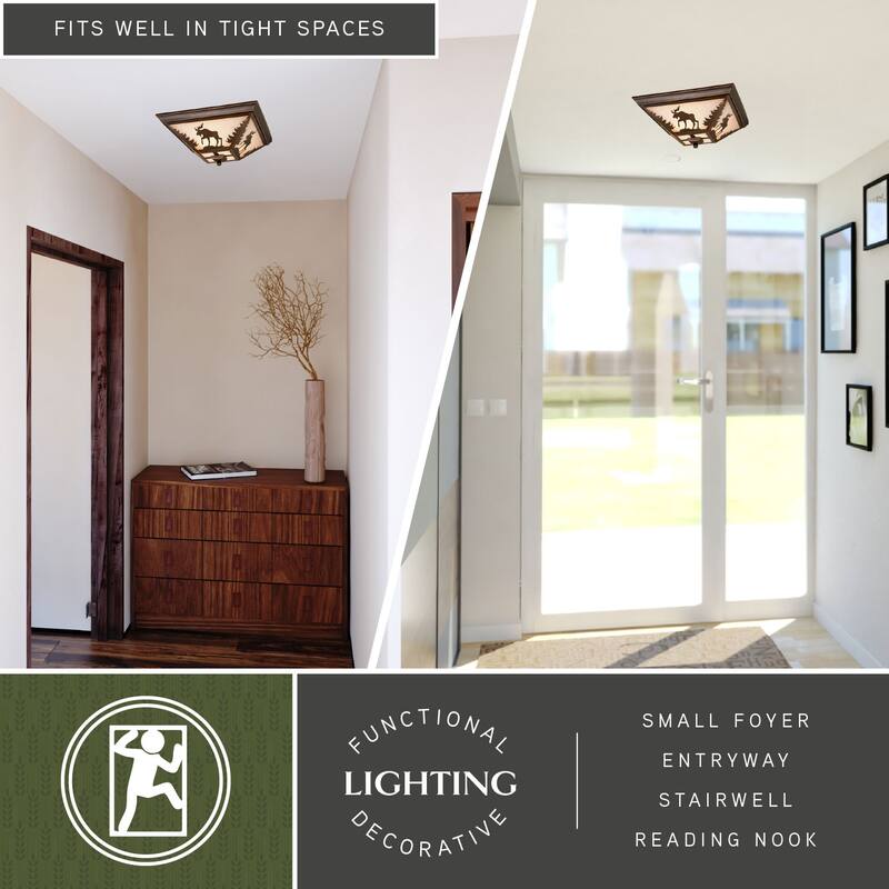 Yellowstone Bronze Rustic Moose Tree Square Outdoor Flush Mount Ceiling Light - 14-in W x 5.75-in H x 14-in D