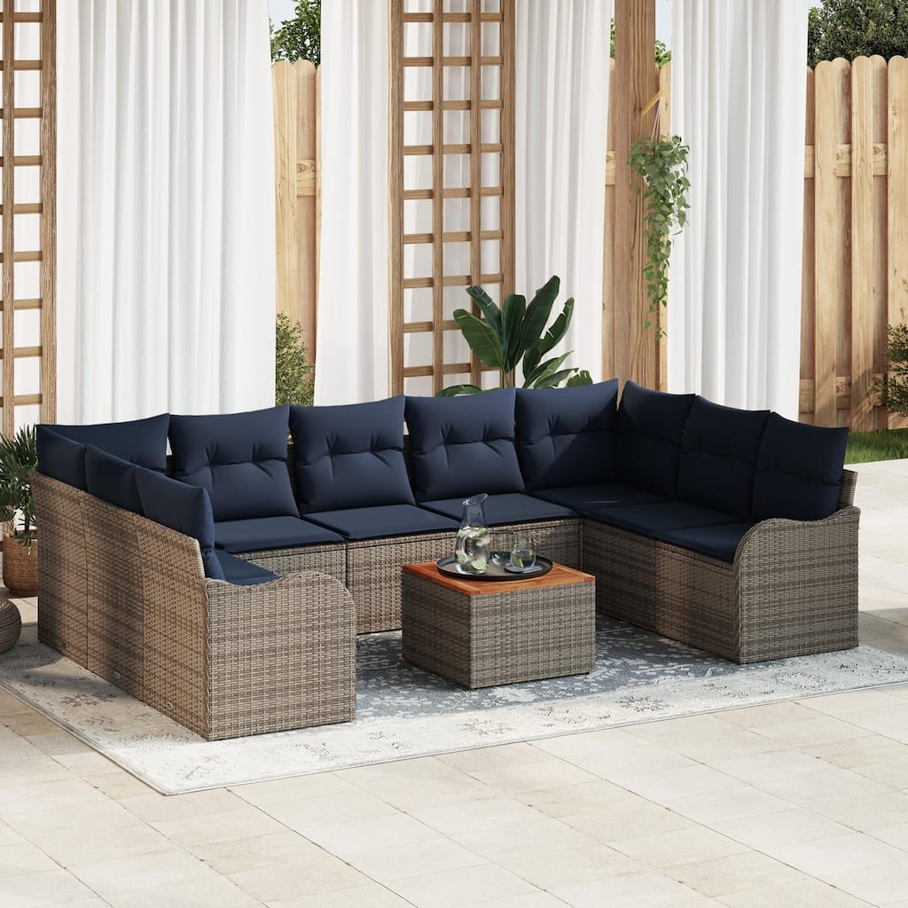 vidaXL 10 Piece Garden Sofa Set with Cushions Grey Poly Rattan Acacia - 113.8 x 69.9 x 27.2