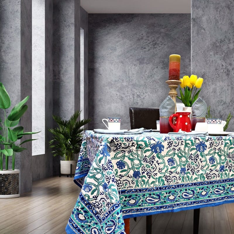 Block Print Cotton Verdant Floral Paisley Tablecloth Collection - 60 x 90 in