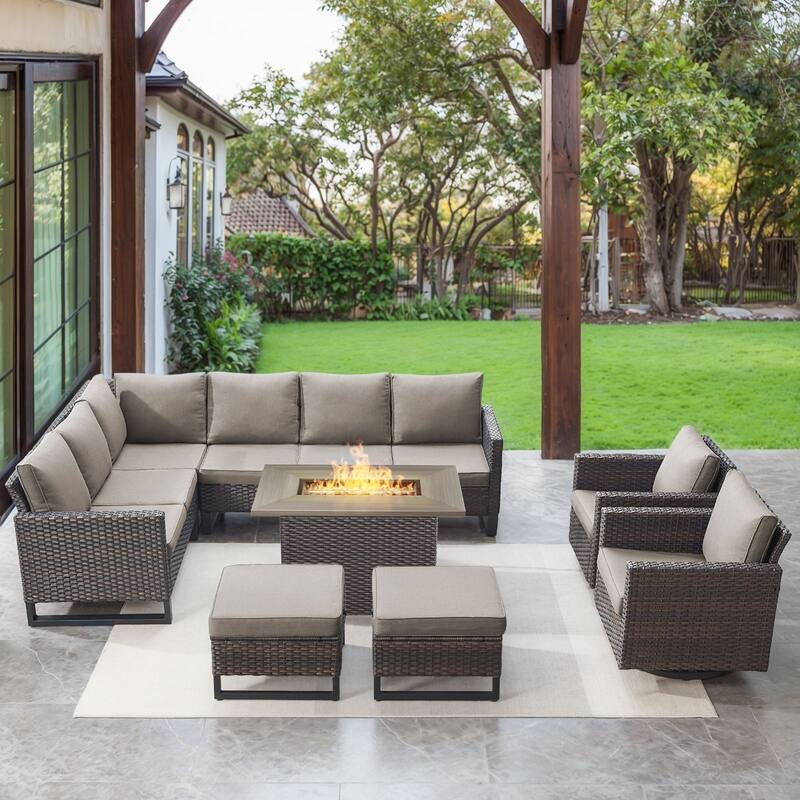 Gymojoy L-Shaped Outdoor Corner Sectional Sofa 6-seats Couch Conversation Set - 6 PCS - Ottomans & Swivel Chairs & Fire Pit - Brown Wicker / Grey Cusion