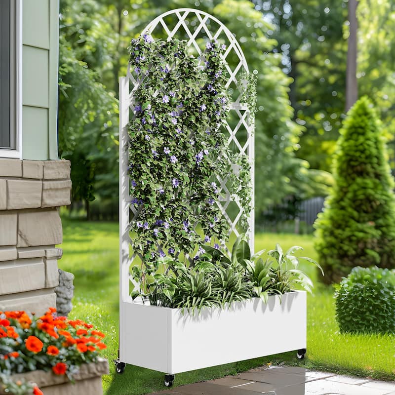 Movable Raised Garden Bed with Trellis and Lockable Wheels - 71*35 - White