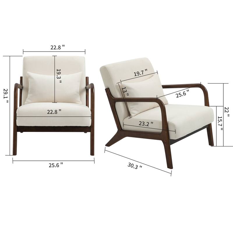 Mid Century Modern Accent Chair with Wood Frame, Upholstered Living Room Chairs with Waist Cushion, Reading Armchair