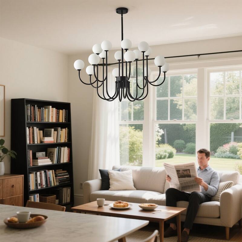 Sputnik Chandelier 16 Lights Black Mid Century Modern Ceiling Pendant Light with Glass Globe Shades - 36.6 in
