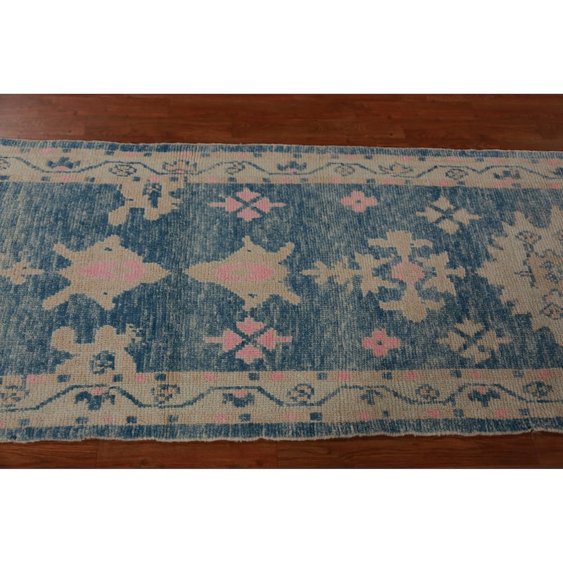 Hand Knotted Oriental 100% Wool Carpet Transitional Geometric Navy Blue & Blues Oushak Runner Rug - 9' 4'' X 3' 0''