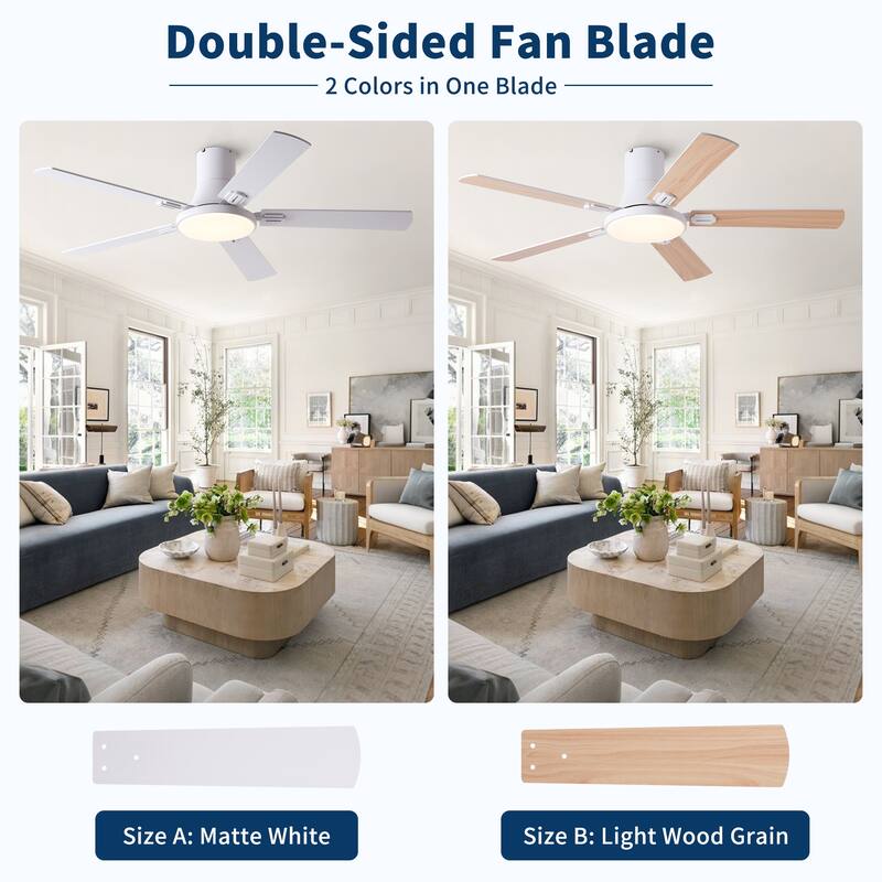 52 Inch Modern Minimalist Flush Mount Ceiling Fan with Light, Reversible DC Motor, Remote, Double-Sided Blades