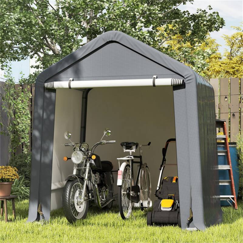 Grey Galvanized Metal Outdoor Storage Shed with PE Cover and Roll-Up Door - 78” W x 72” D x 84” H