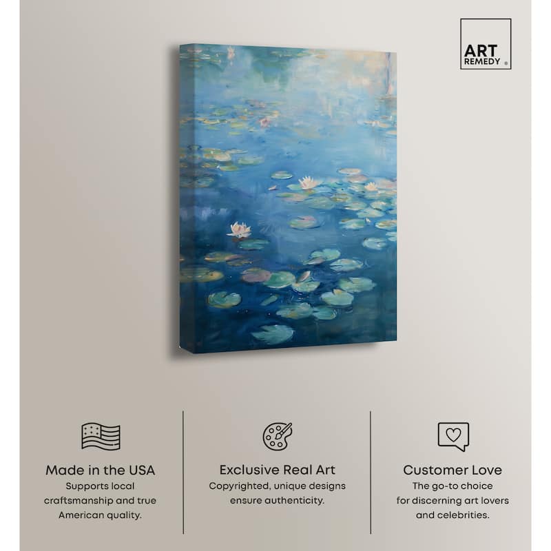 Art Remedy Lilypads In Blues Gallery Wrapped Impressionism 1 Piece Canvas Wall Art /Monet And Van Gogh Inspired Art