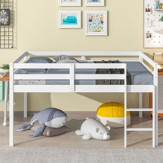 Full Size Pine Wood Kids Loft Bed Frame w/Guard Rails & Ladder, White