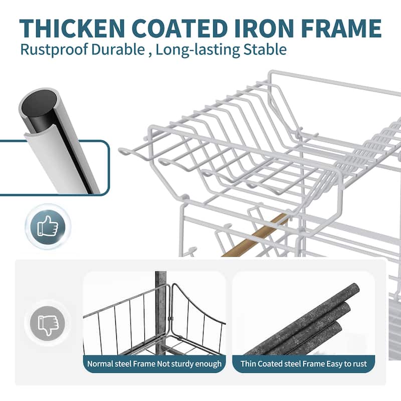 Double-Layer Dish Rack with Bamboo Handle