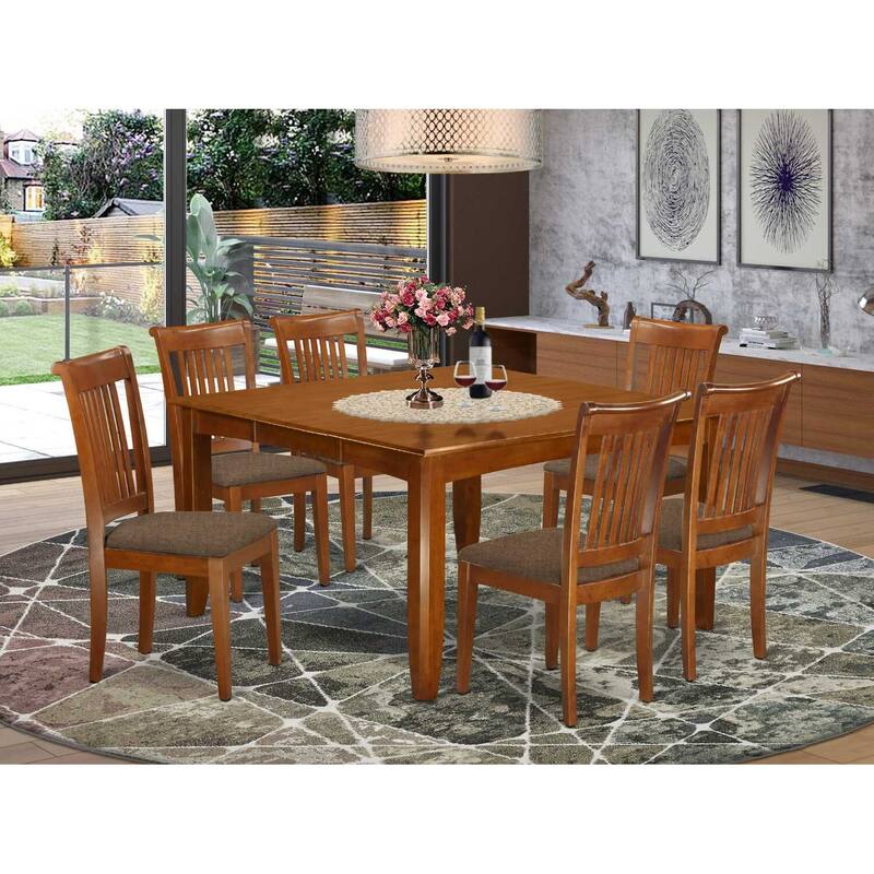 HomeStock 7-Piece Square Saddle Brown Finish Solid Wood Top Dining Table with 6-Chairs with Lattice Back