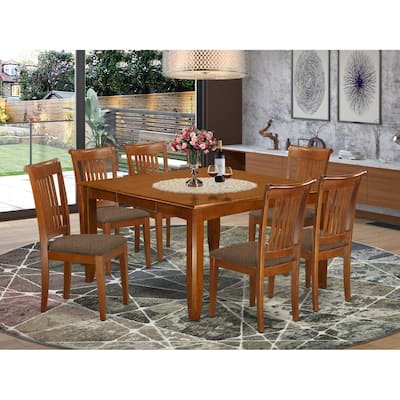 HomeStock 7-Piece Square Saddle Brown Finish Solid Wood Top Dining Table with 6-Chairs with Lattice Back