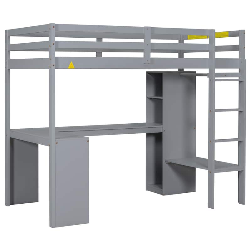 Solid Wood Loft Bed with L-shaped Desk and Storage Shelves