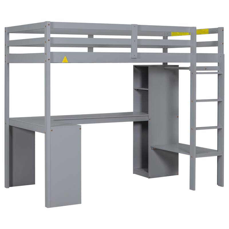 Twin Size Loft Bed with L-Shaped Desk, Wardrobe, Storage Shelves & Full-Length Guardrails, No Box Spring Needed