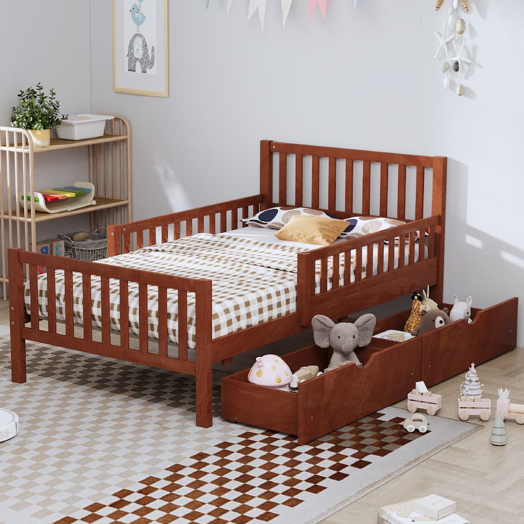 Twin Size Pinewood Platform Bed with Dual Guardrails, 2 Storage Drawers and 300lb Capacity