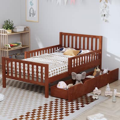 Wood Platform Bed Frame with Guardrails on Both Sides and 2 Storage Drawers, Low Profile Bed with Large Ueder Bed Space, Walnut