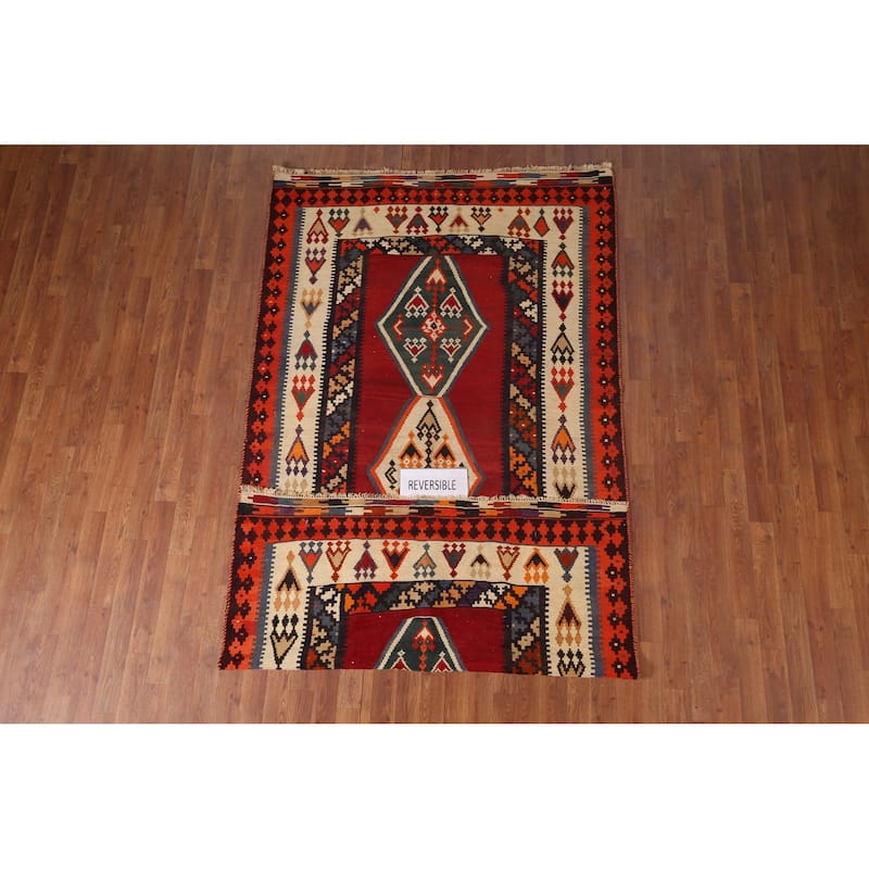 Kilim Qashqai Persian Vintage Rug Hand-Woven Tribal Red Wool Carpet - 4'9"x 8'11"