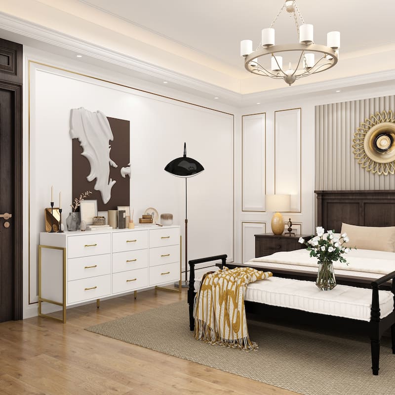 61.4"W Modern Black Dresser with 9 Spacious Drawers - Gold Handles
