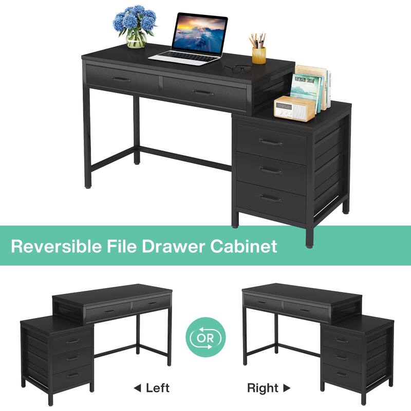 Modern Computer Desk with 5 Drawers, Home Office Desks with Reversible Drawer Cabinet Printer Stand