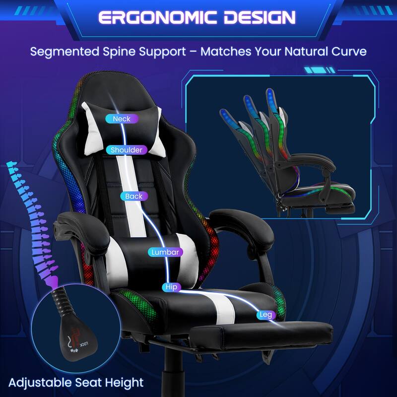 EROMMY RGB LED Gaming Chair with Thickened Massage Lumbar Pillow & Upgraded Footrest, Reclining Ergonomic Chair