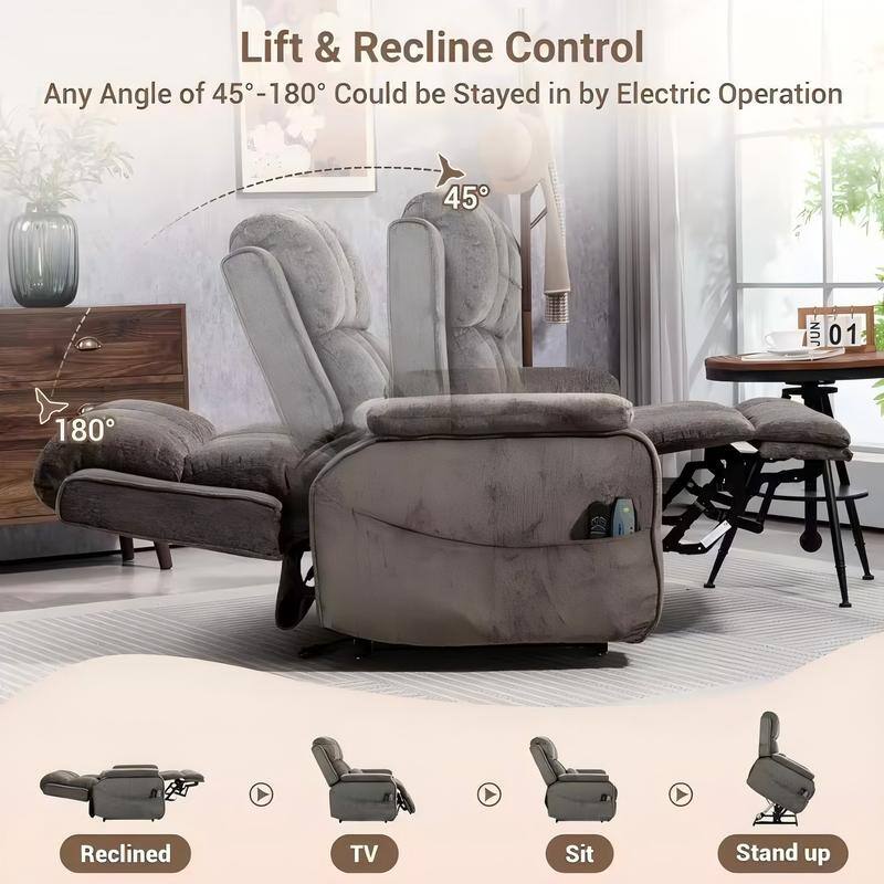 Power Lift Recliner with Extended Footrest,Overstuffed Chenille Dual Motor Recliners with Heat/Message,USB Type C Charging
