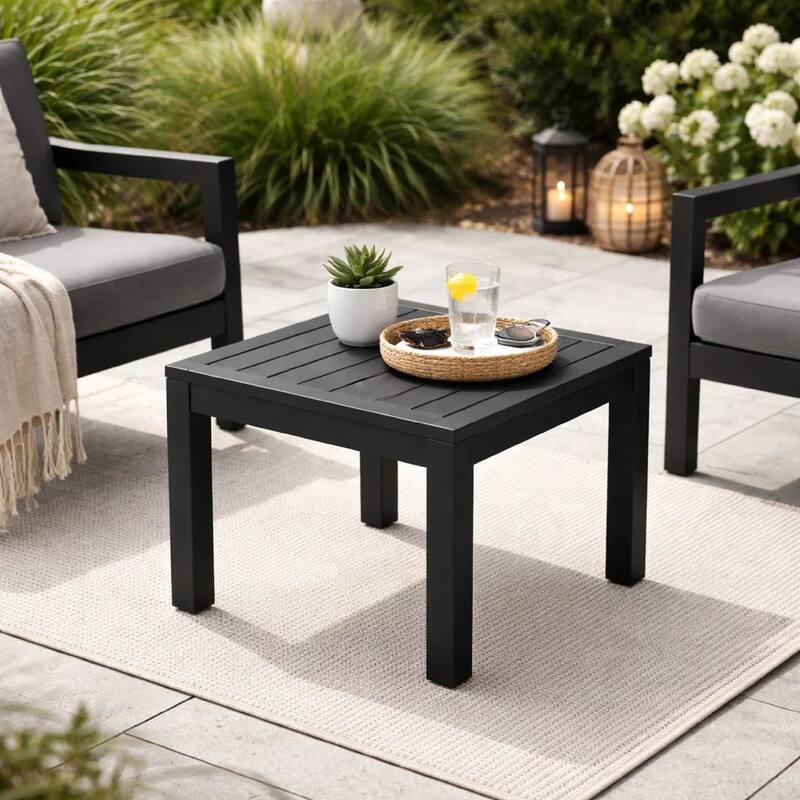 Josh 18 Inch Side End Table, Polyresin Planks, Jet Black Aluminum Frame