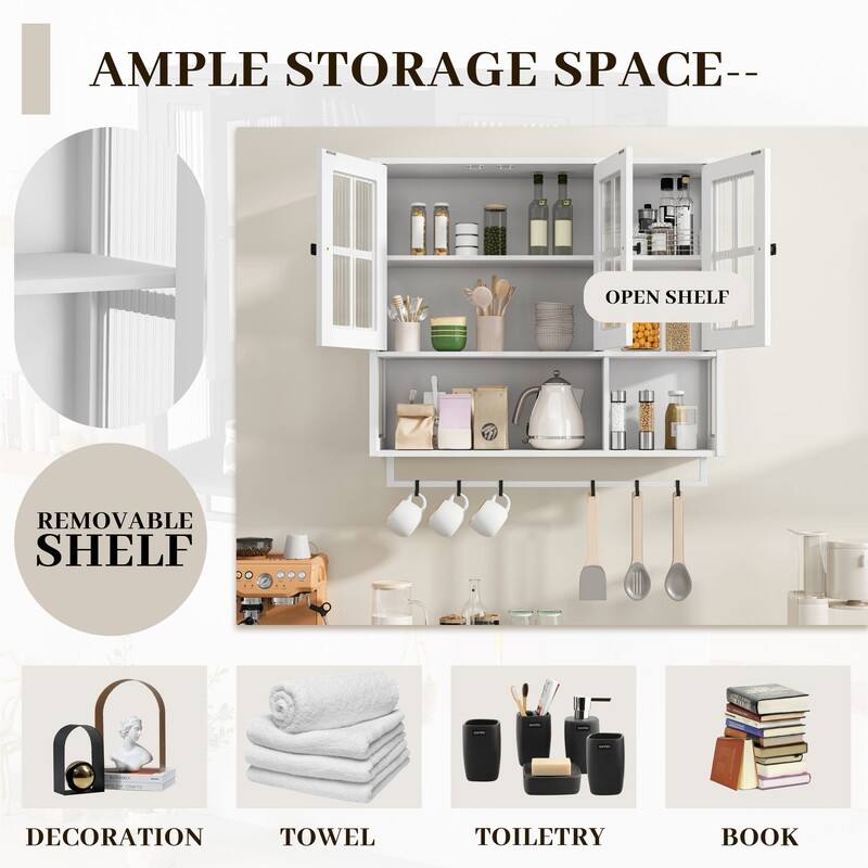 3-Door Wall Cabinet with Fluted Glass & Towel Bar, Modern Storage Solution