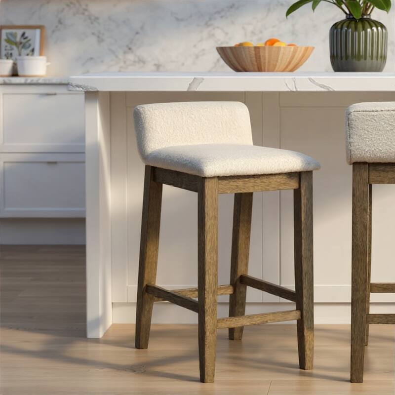 Annikah Low-Back Boucle Bar Stool, Counter Height Kitchen Barstool with Wood Legs