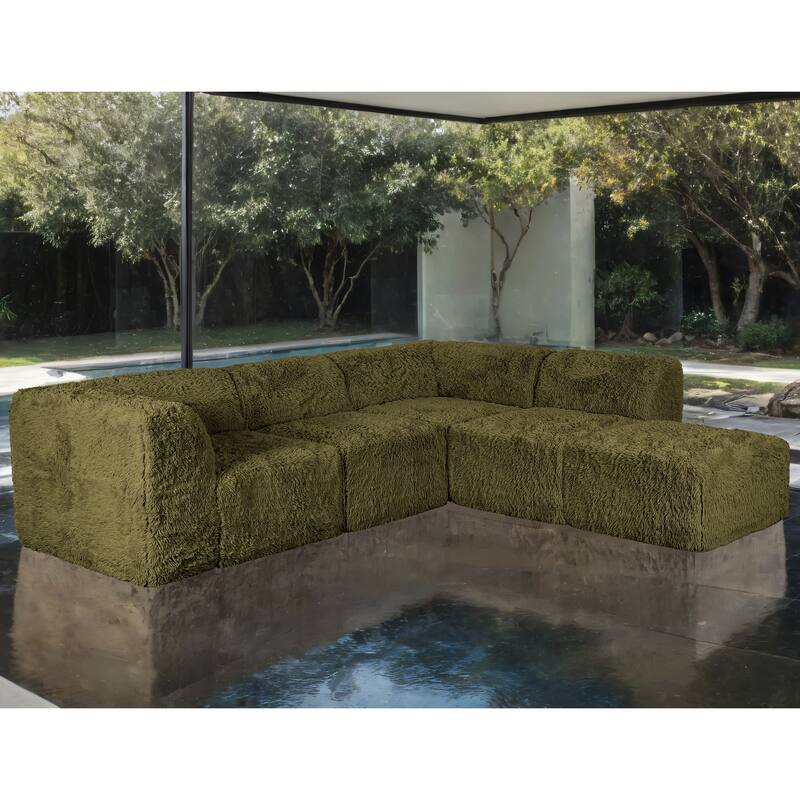 Furniture of America Ylena Modern 5-Piece Faux Fur Foam Modular Compressed Sectional Sofa with Ottoman - Olive Green