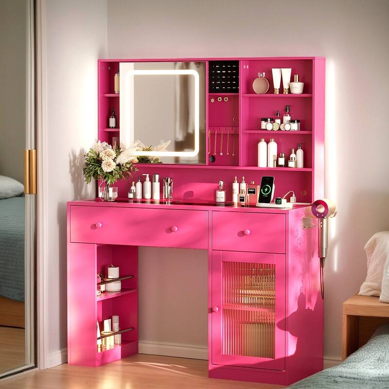 Particle Board Veneered , 2 Drawers, 1 Glass Door, Left and Right 2-tier Shelves, Glass Tabletop, Dressing Table - N/A