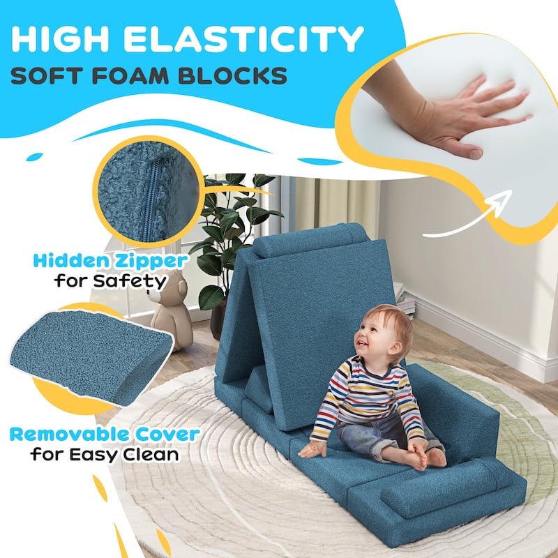 12 Pcs Kids Modular Couch, Toddlers Couch Child Sectional Sofa, Playroom Bedroom Furniture for Boys and Girls, Blue