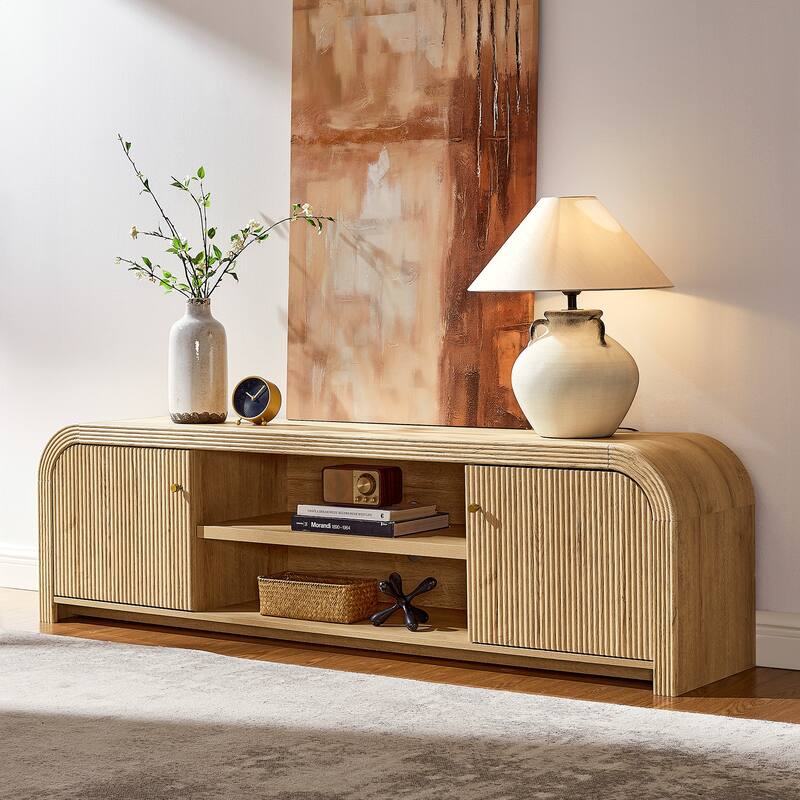 Modern Fluted TV Stand for 80" TV, Media Console, Entertainment Center - OAK