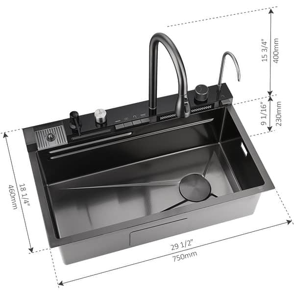 dimension image slide 3 of 7, Lefton 304 Stainless Steel Waterfall Kitchen Sink Set with Pull-down Faucet KS2206 (Series)