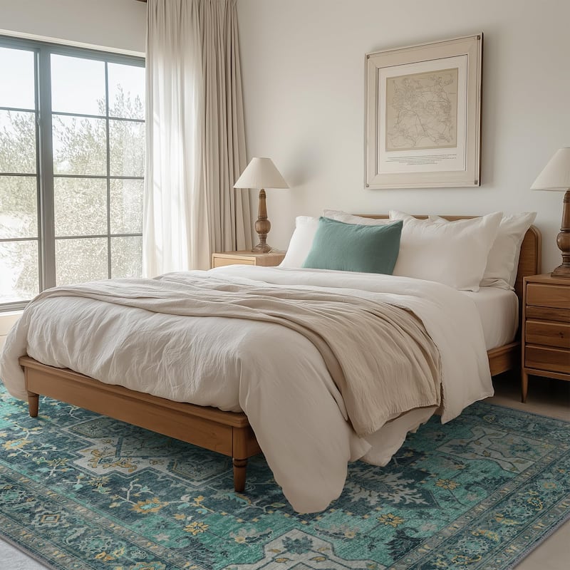 Mcow Green Floral Low Pile Machine Washable Non-Slip Area Rug