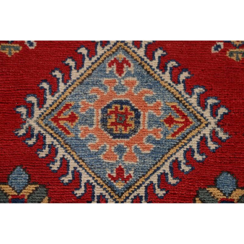 Red Geometric Kazak Oriental Wool Runner Rug Handmade Hallway Carpet - 2'8" x 9'9"