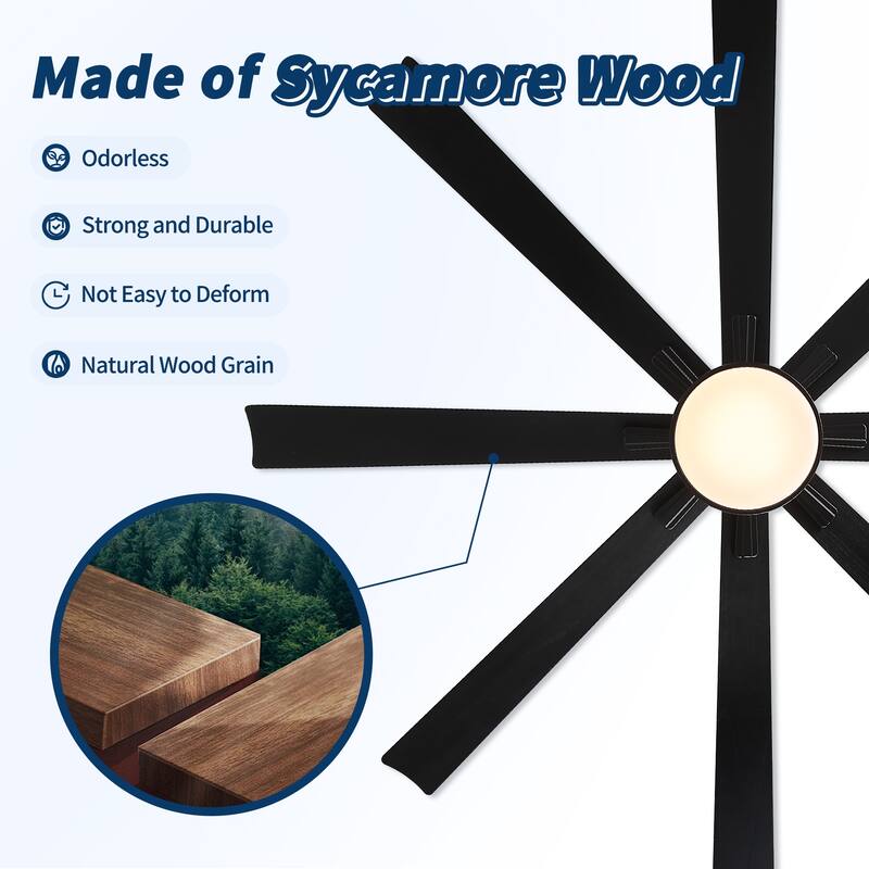 72 Inch Modern Minimalist Ceiling Fan with Light, Solid Wood Blades, Quiet Reversible DC Motor, Remote, 6 Speeds