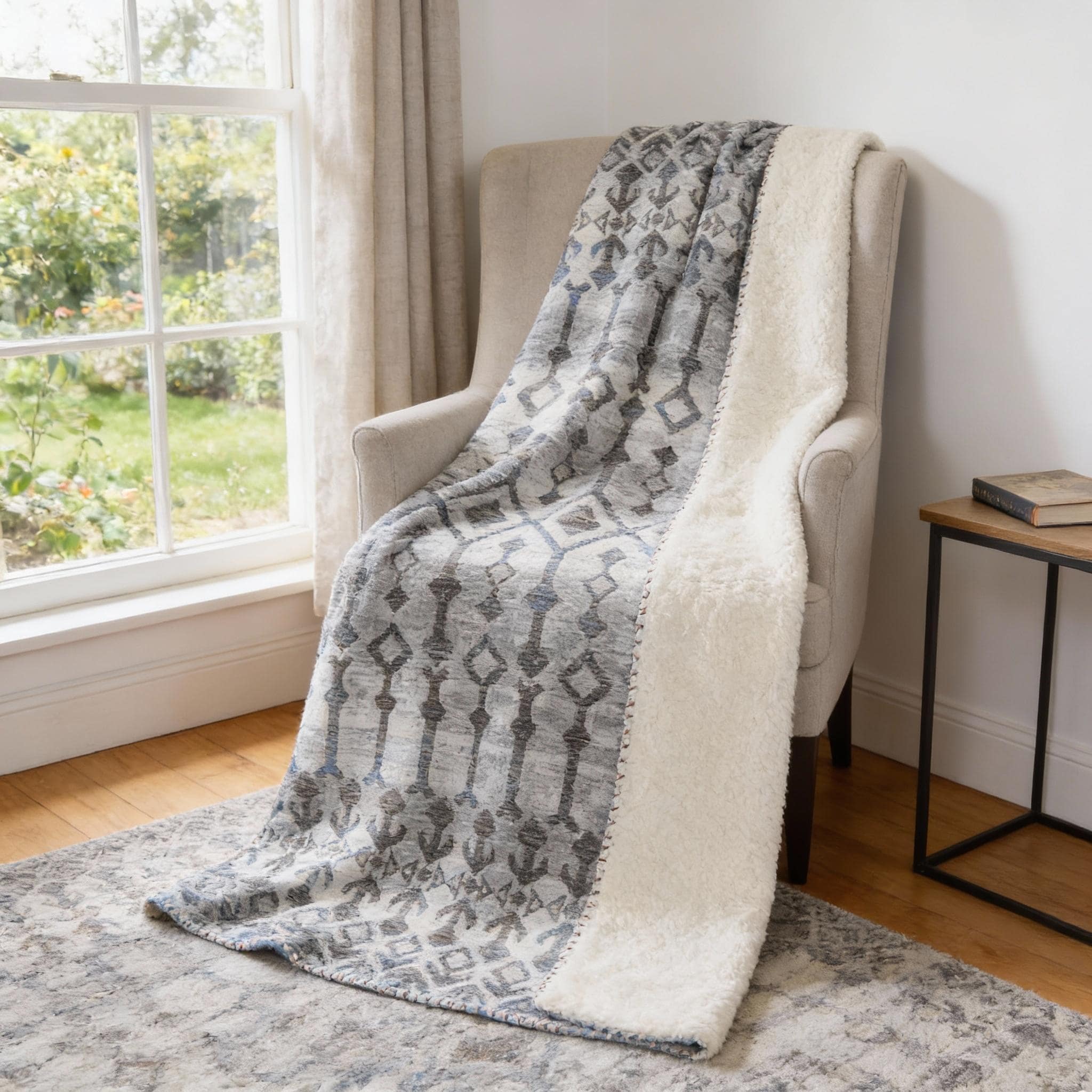 HomeRoots 50" X 70" Charcoal And Gray Geometric Microfiber Plush Throw Blanket