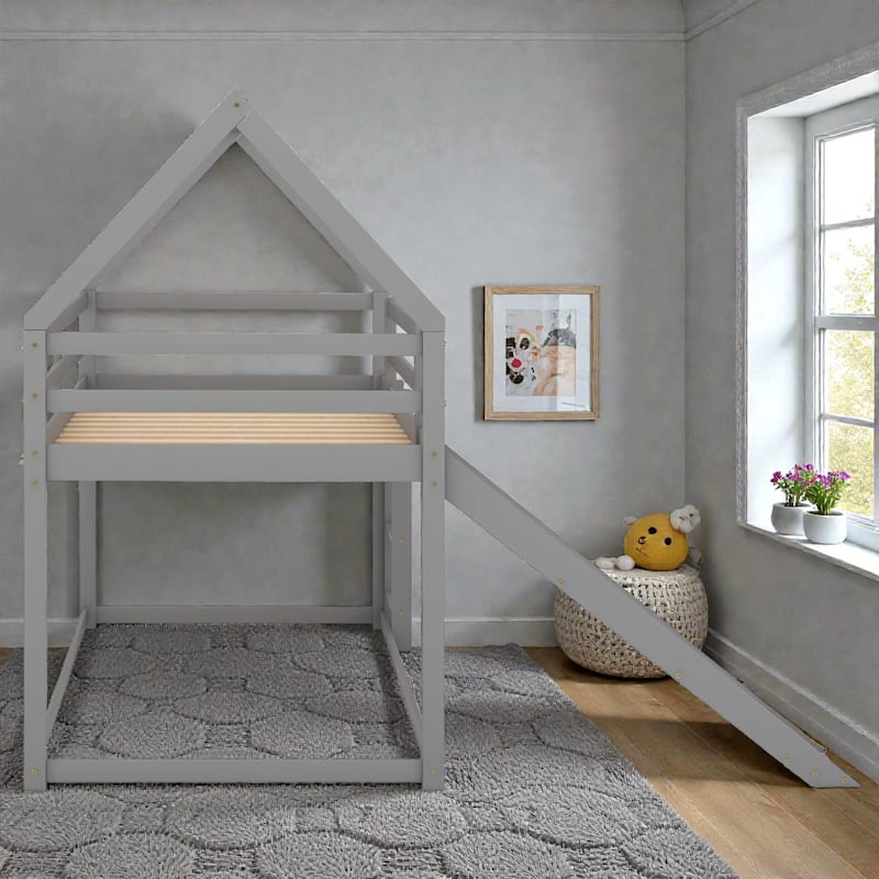 Twin House Bunk Bed with Slide and Ladder, Kids Wooden Bunk Bed Frame with Guardrails, Pine Wood and MDF