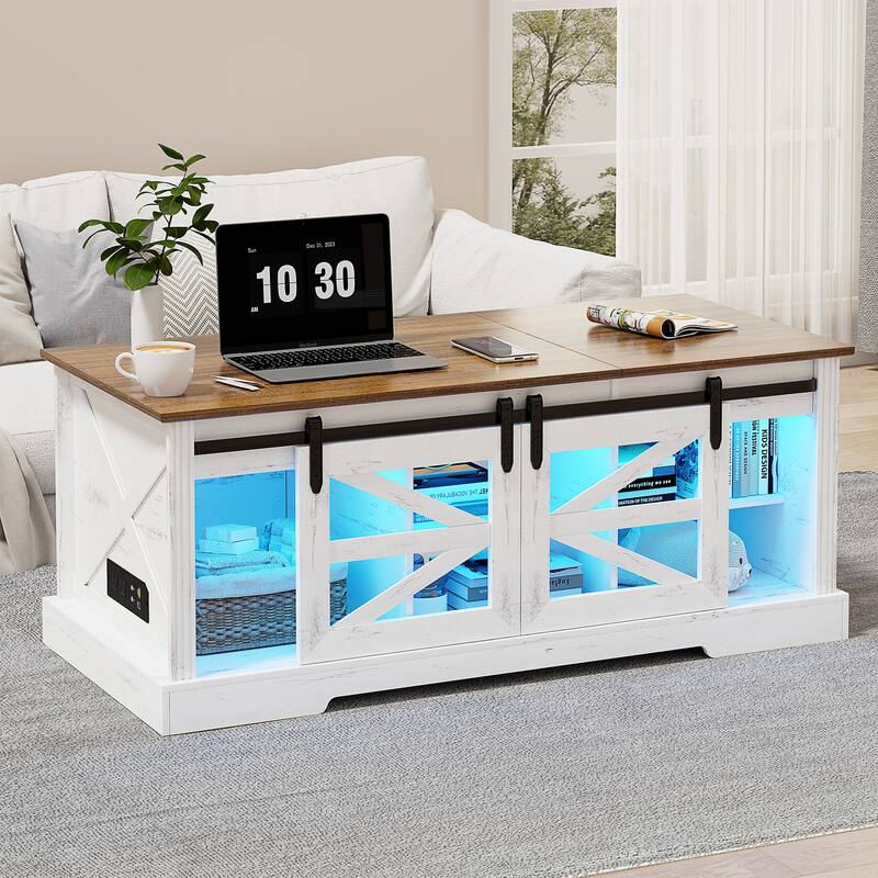 Lift Top Led Coffee Table With Sliding Barn Door - White