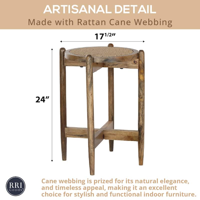 Round Side Accent Table with Mango Wood Base & Rattan Cane Webbing Top, 17.5"W x 17.5"L x 24"H