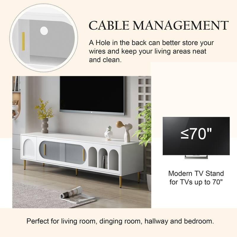 Modern 70" TV Stand with Arched Shelves, Sliding Acrylic Door, Metal Legs & Handles, Storage Cabinets