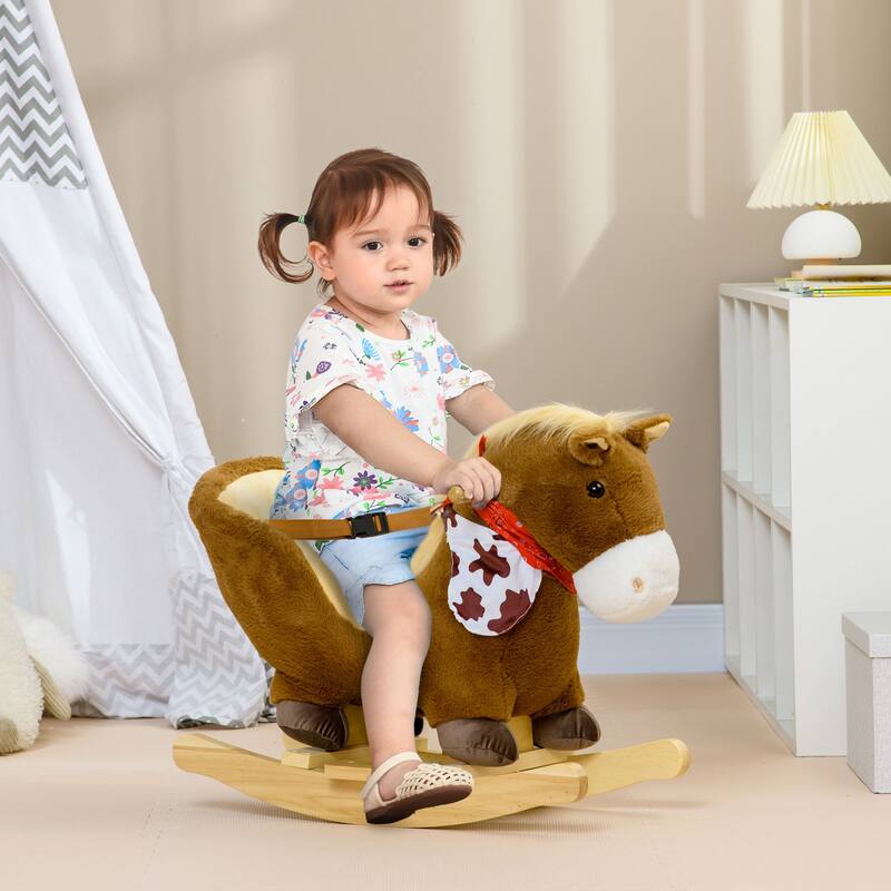 Brown Plush Rocking Horse for Toddlers Ages 18 to 36 Months with Safety Belt and Realistic Sounds - 23.5" L x 13" W x 19.75" H - Brown