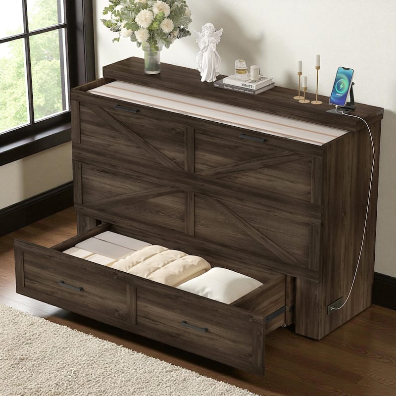 Queen Farmhouse Murphy Cabinet Bed with Charging Station and Large Storage Drawer, Foldable Space-Saving Platform Bed