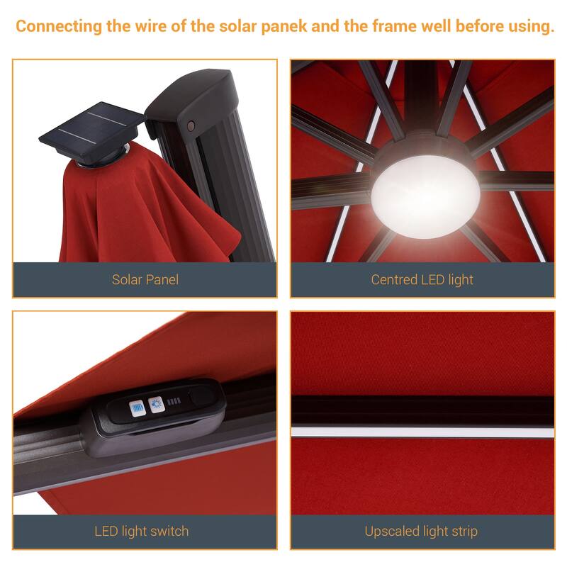 LIVOOSUN 11Ft LED Patio Hanging Octagon Cantilever Umbrella with 360-degree Rotating Canopy