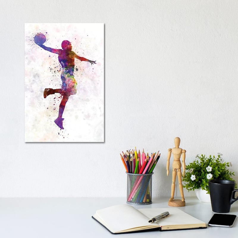 iCanvas "Young Man Basketball Player One Hand Slam Dunk" by Paul Rommer Canvas Print - 12x8x0.75
