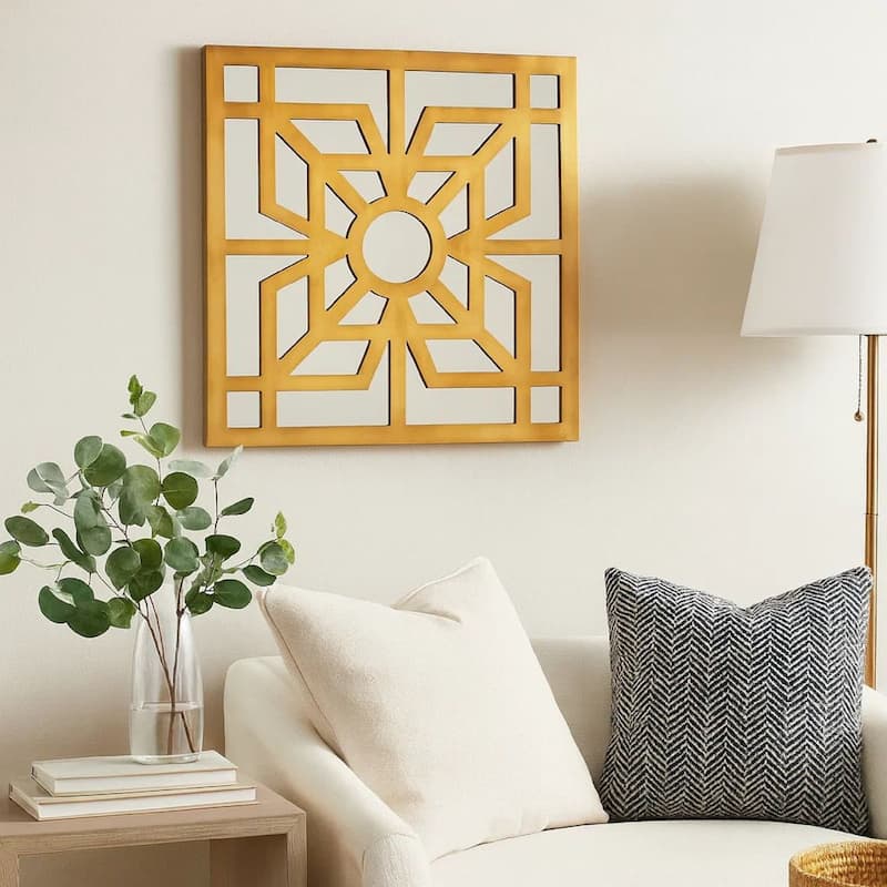 Mirrored Wall Decor Set of 2 with Wooden Floral Overlay on Top, Gold and Silver