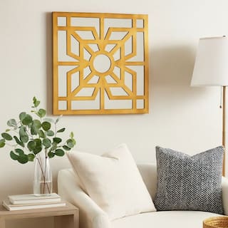 Mirrored Wall Decor Set of 2 with Wooden Floral Overlay on Top, Gold and Silver