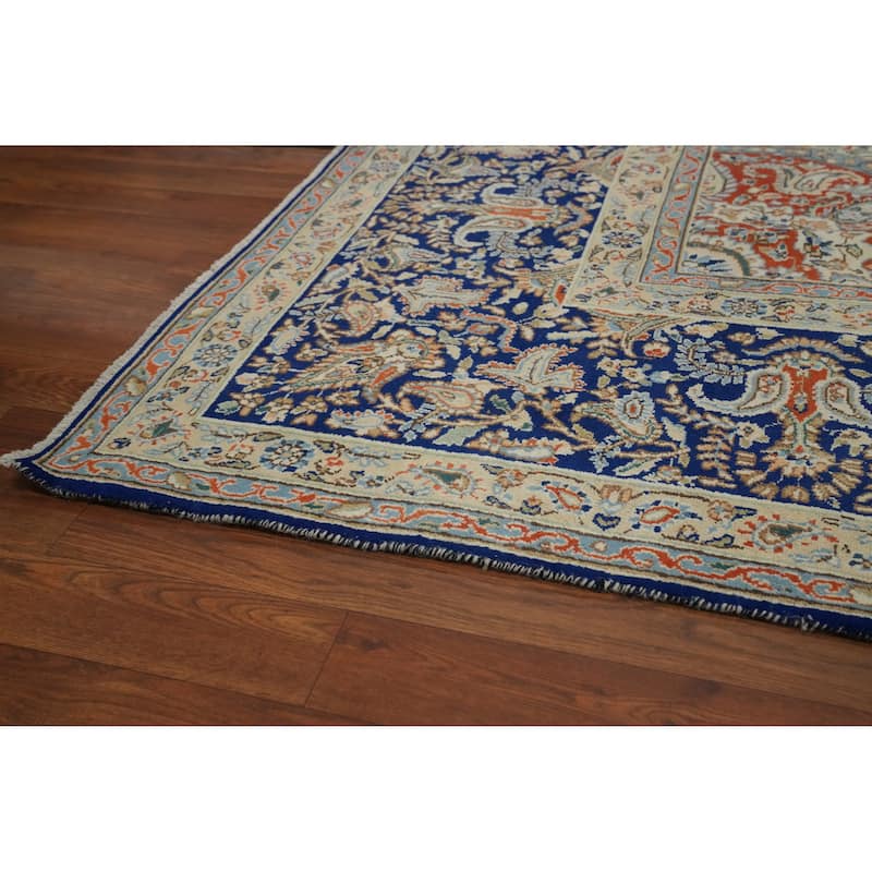 Hand Knotted Oriental 100% Wool Carpet Traditional Floral Navy Blue & Blues Kerman Area Rug - 13' 9'' X 9' 10''