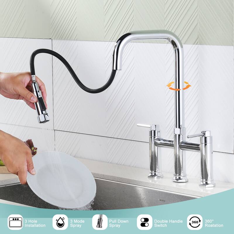 WOWOW Double Handle Pull Down Kitchen Faucet